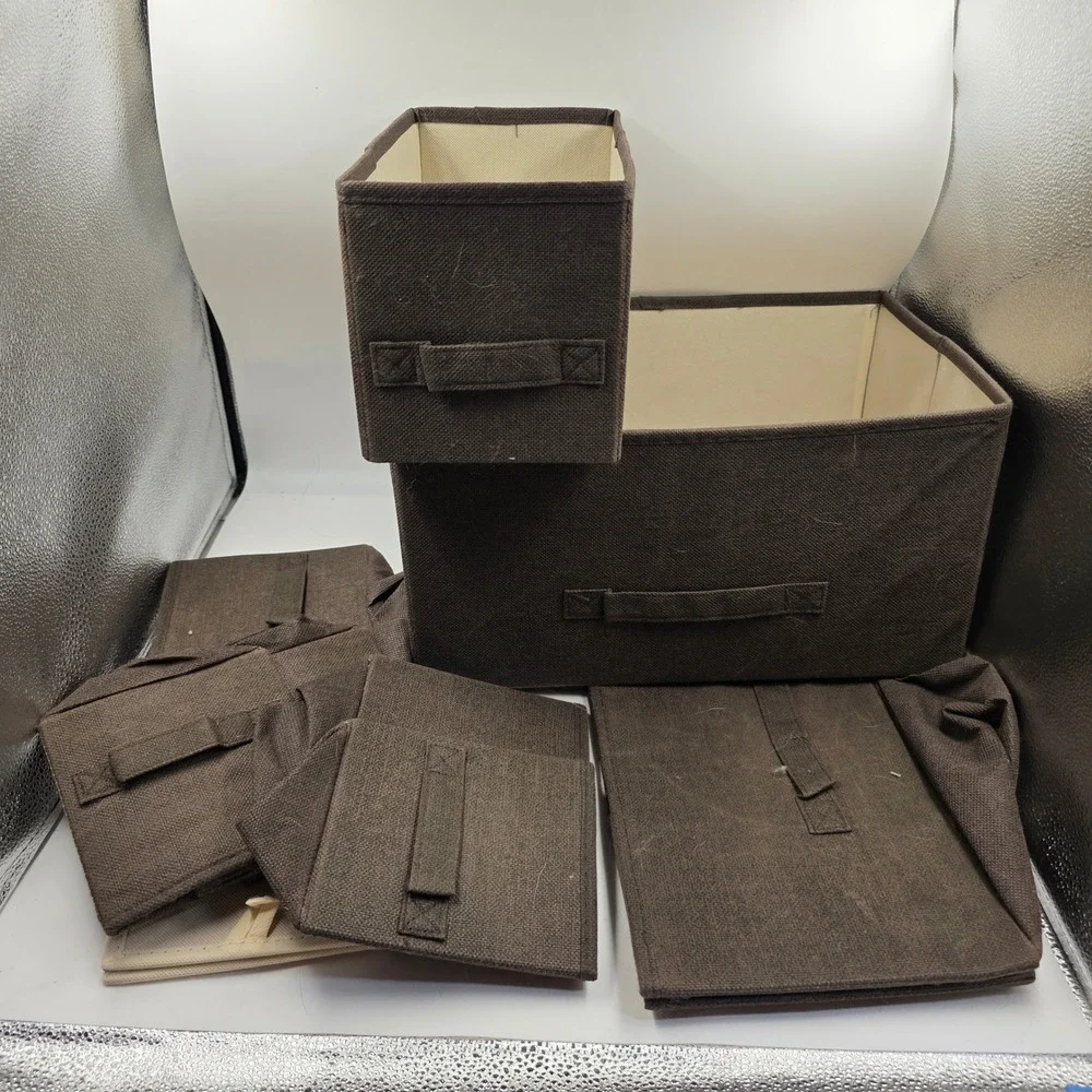 Brown Fabric Collapsible Storage Bins Set with Handles Woven Closet Organizers